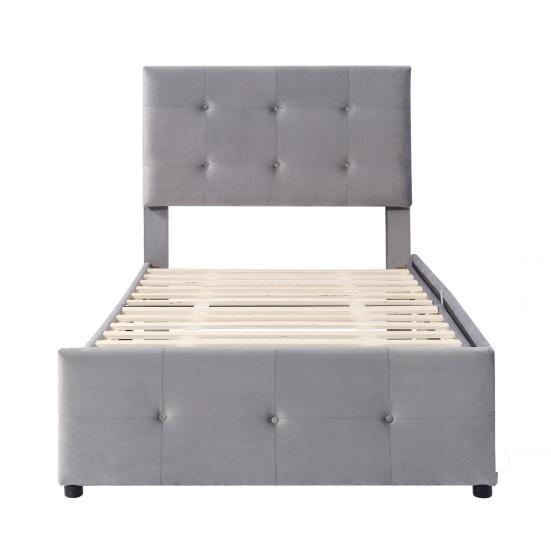 99x210cm Velvet Fabric Kids Bed with Adjustable Headboard 2 Drawers Ergonomic Design Strong Wood Slat Support Bed Home Furniture