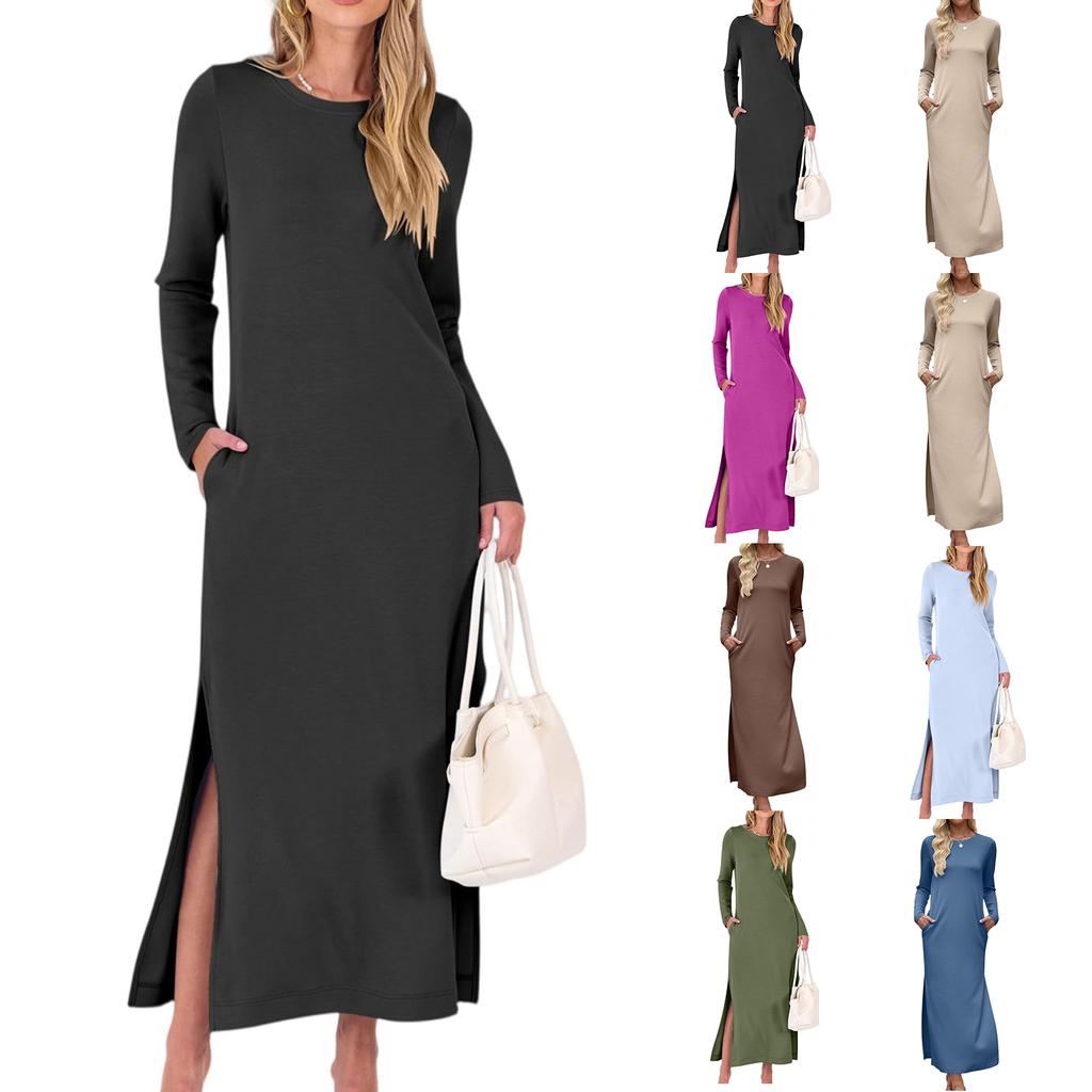 Vestido largo recto de moda para mujer con división de color y doble bolsillo