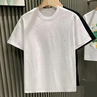 Summer Couple T-shirt Rhinestone Decor Round Neck Plus Size Short Sleeves Loose Pullover Solid Color Mid Length Unisex Daily Top