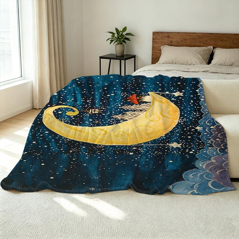 Dreamy Moonlit Night Flannel Blanket Soft, Skin-Friendly, Warm & Cozy, Pilling-Resistant, All-Season for Postpartum Care & Home Casual Use