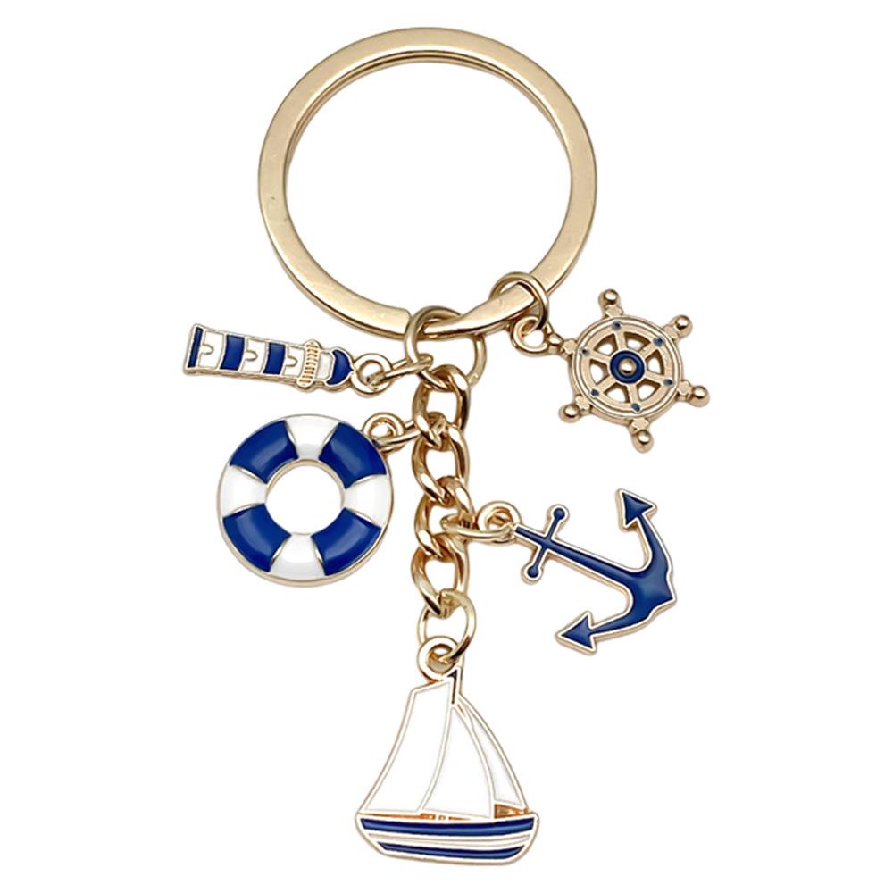 Blue Sailboat Lighthouse Lifebuoy Keychain - Maritime Worker Commemorative Pendant