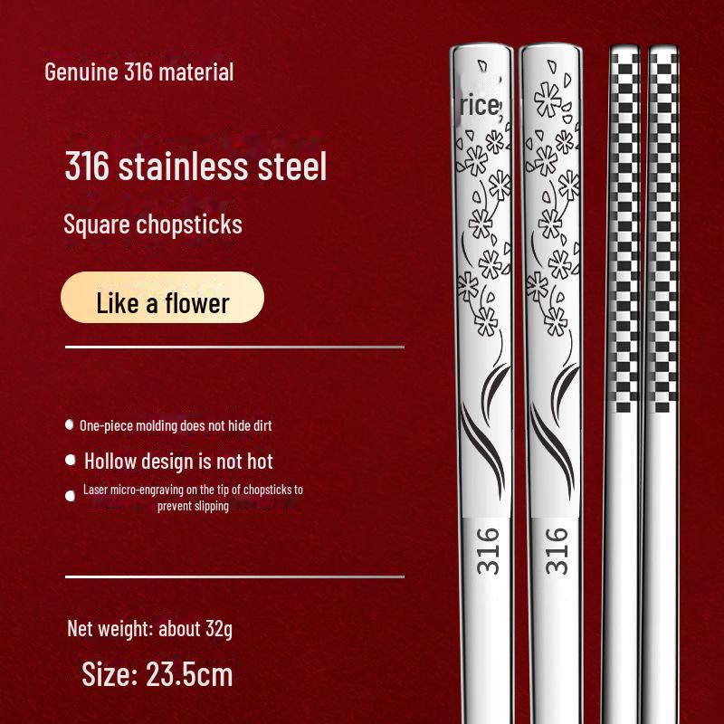 Essstäbchen-Set aus 316L Edelstahl, rutschfest, verbrühungssicher, quadratisch, für Hot Pot und Kinder