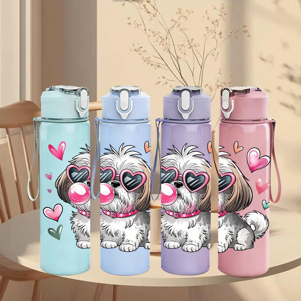 1PC Pink Heart Poodle Dog Graphic,750ml Color Plastic Sports Water Bottle,Leakproof Flip Straw Lid,Suitable for Sports Office Home Use