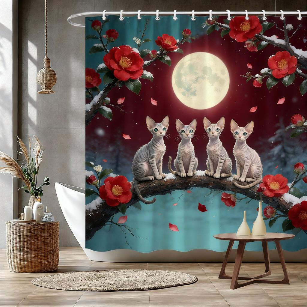 Four White Cats on Magnolia Branch Waterproof Shower Curtain for Bathroom Decor