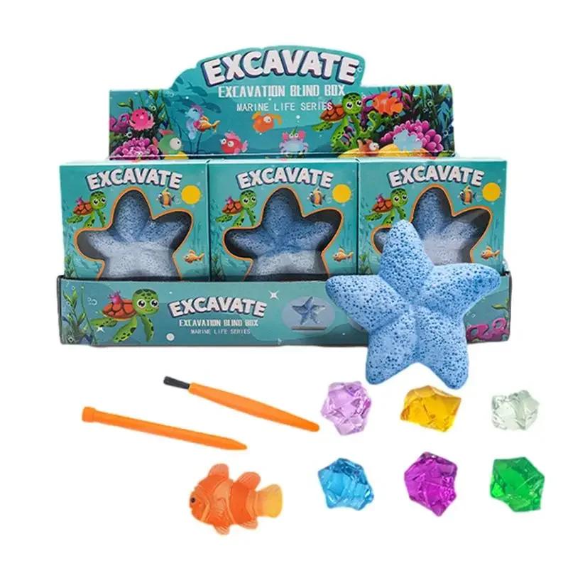 Dinosaur Fossil & Gemstone Excavation Kit - Archaeological Puzzle Toy with Starfish Marine Life 12 Real Gemstones IncludedM