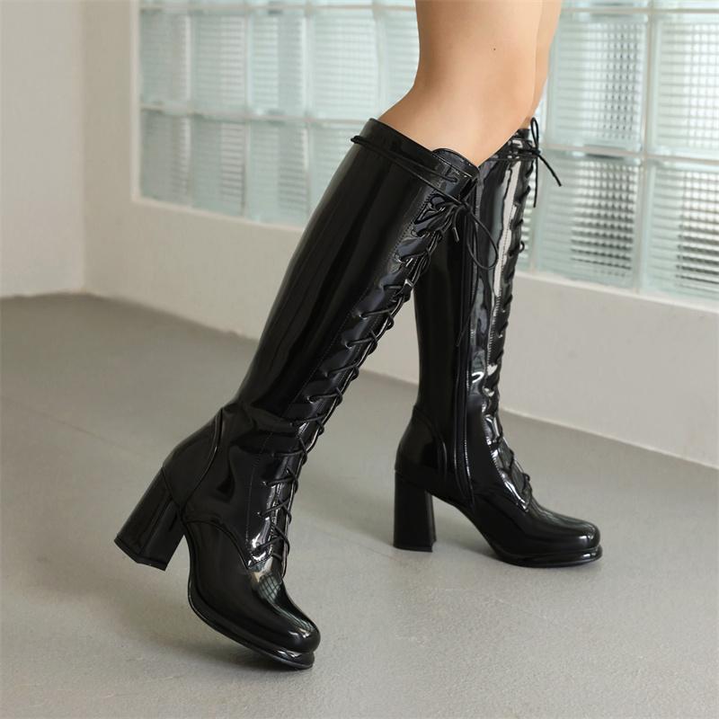 Women's Knee High Boots Lace-up Block Heels Party Winter Shoes Ladies Footwear Large Size 44 Black White Red Long Party Boot