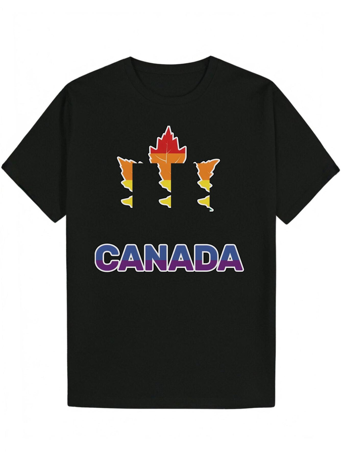 Casual Summer T-shirt with Vibrant Maple Leaf & IT S CANADA Graphic - Black Polyester M