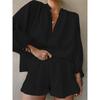 Casual Solid Color Slim Fit Two-piece Set Drawstring Long Sleeve Top & Ruffle Hem Elastic Waist Shorts Outfits