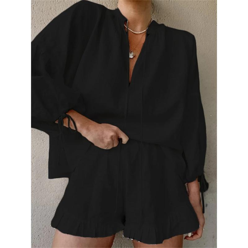 Casual Solid Color Slim Fit Two-piece Set Drawstring Long Sleeve Top & Ruffle Hem Elastic Waist Shorts Outfits
