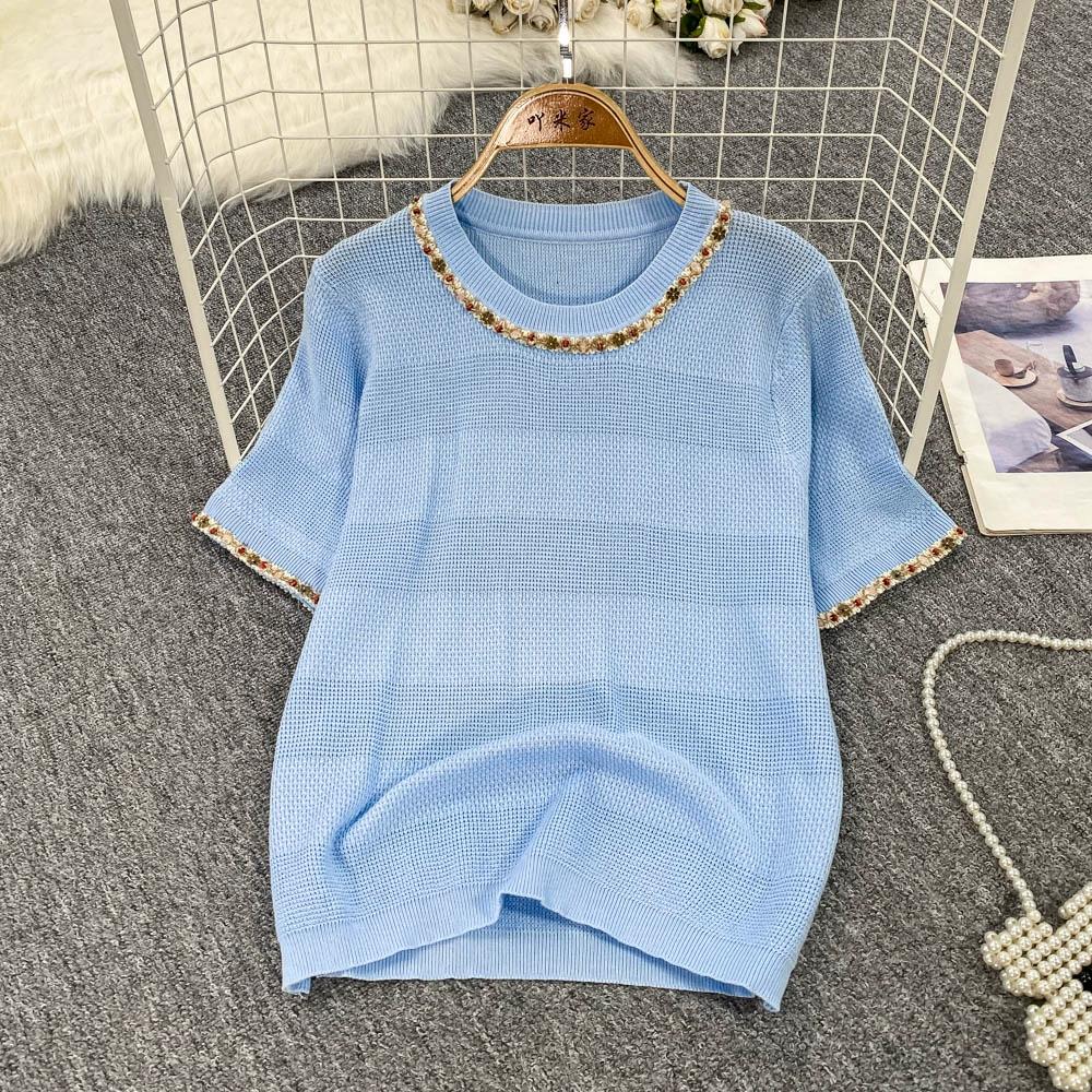 Summer Women O-neck Short Sleeve Sequined Knitted Sweater Pullover Tops