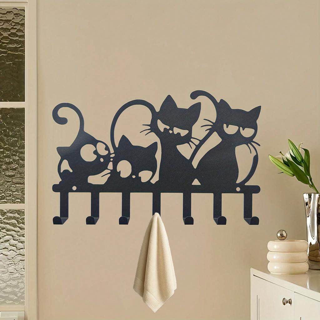 Cat Shaped Wall Mounted Key Hook Organizer, 7 Hooks for Keys Towels Coats, Easy Install Entryway Storage Rack for Living Room Hallway Office