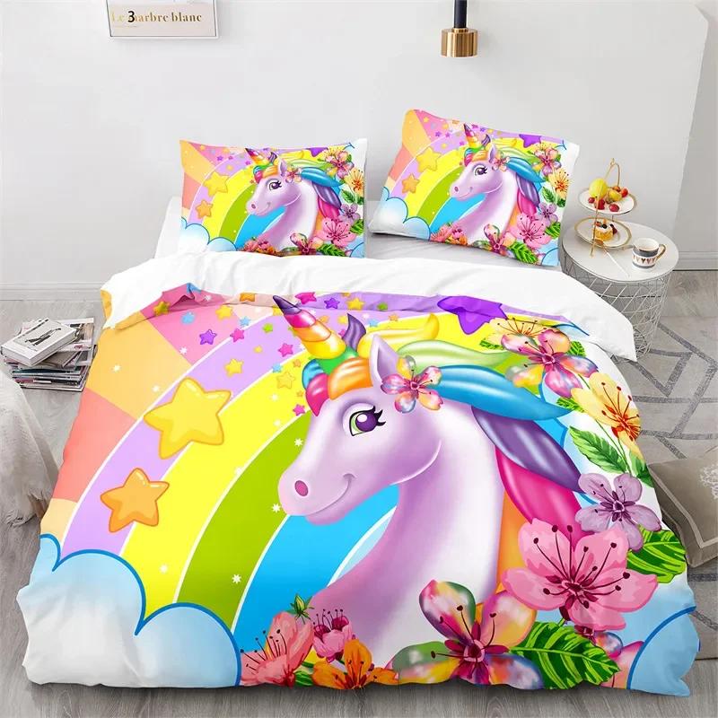 Cartoon Unicorn Floral Rainbow Girl's Eyelash Comfortable Duvet Quilt Cover Pillowcase Bedding Set Children Bedroom Home Textile
