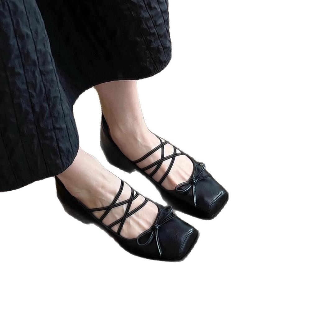 2025 Frühling und Herbst neue Mode quadratischer Kopf Ballerinas Schleife dicker Absatz leichter Mund Einzelne Schuhe Damen Pendler kleine Lederschuhe