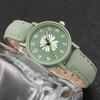 2PCs/Set Fashion Women's Watch Round Flower Dial Leather Strap Quartz Watch with Green Flower Bracelet