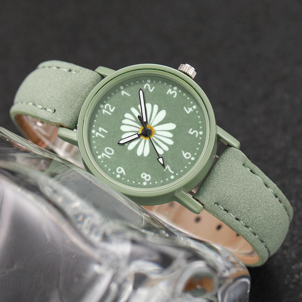 2PCs/Set Fashion Women's Watch Round Flower Dial Leather Strap Quartz Watch with Green Flower Bracelet