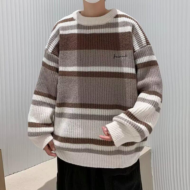 Unisex Japanese Retro Color Block Stripe Sweater - Trendy Round Neck Knitwear for Autumn/Winter 2XL