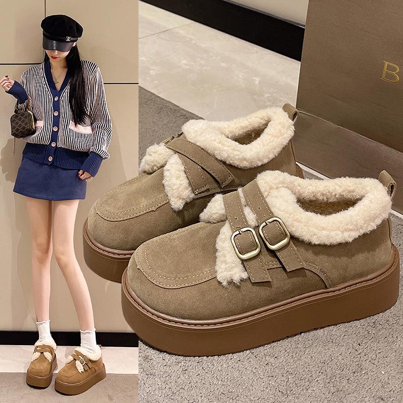 Women's thick-soled winter fur one belt buckle lightweight warm anti-cold padded snow boots non-slip wear casual sneakers cotton boots Le Fu shoes