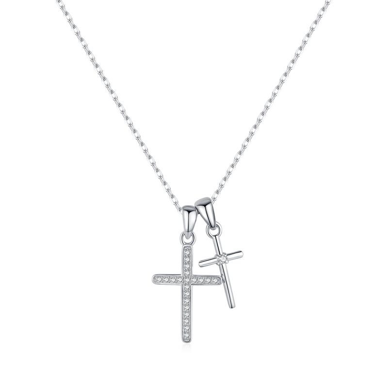 Fashion Luxury 925 Sterling Silver Clear Cubic Zircon Double Cross Pendant Necklace for Women Jewelry Gifts 40+5cm