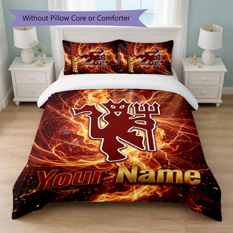 Juego de Ropa de Cama Personalizado Manchester United con Nombre y Texto 1 Funda Nórdica + 2 Fundas de Almohada Logo de Fútbol Regalo Personalizado para Ocasión Especial Decoración de Dormitorio