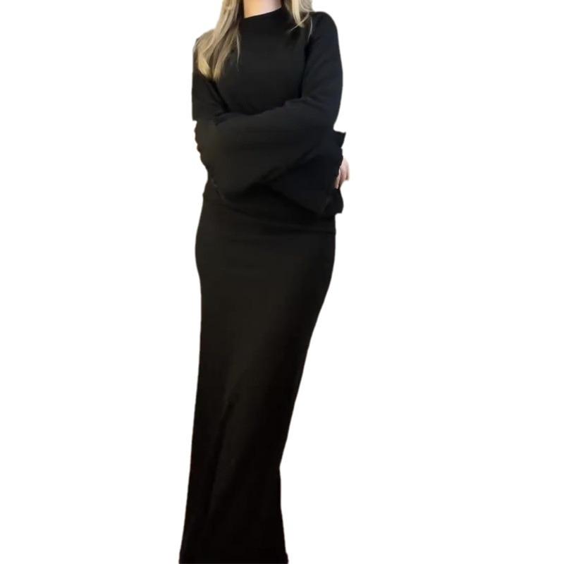 2024 Autumn European & American Solid Color Slim-Fit Knitted Dress Set