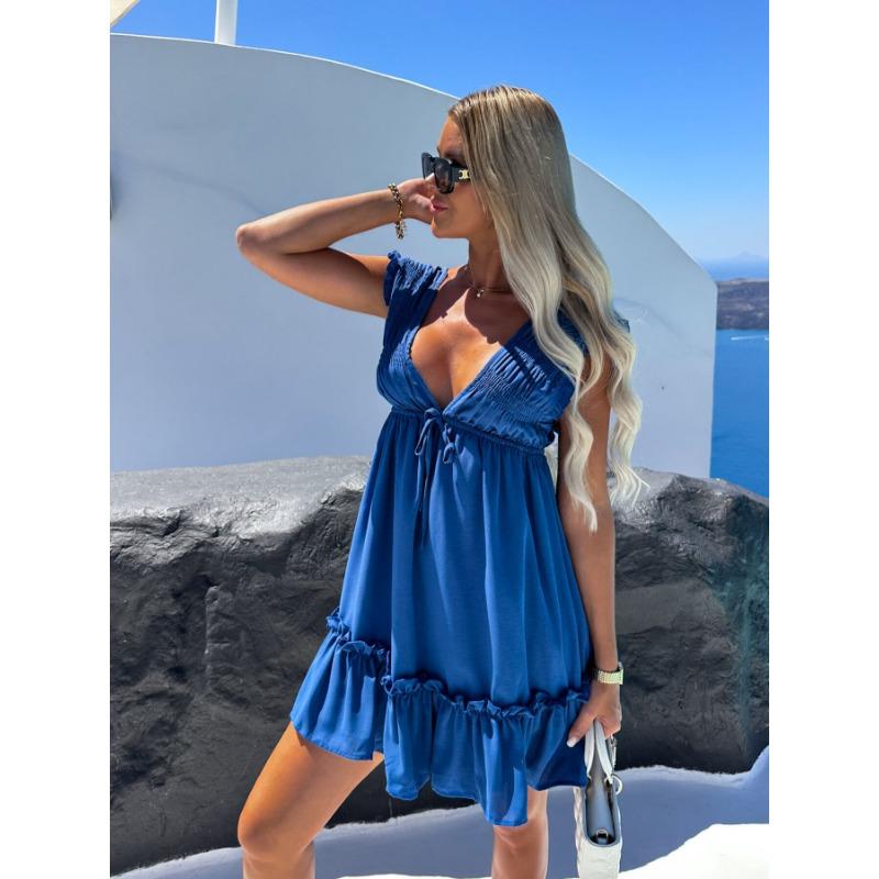 

Женские повседневные однотонные платья с заниженной талией и оборками на рукавах XL синий