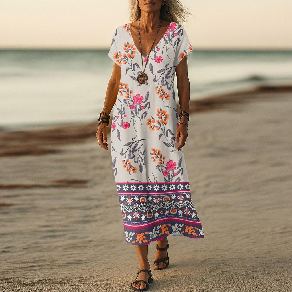 Sukienka letnia damska długa boho plażowa elegancka sukienka maxi dekolt V krótki rękaw letnia tunika lekka przewiewna