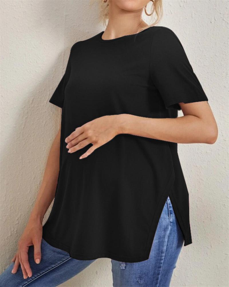 Nové těhotenské ležérní jednobarevné topy Sto kulatý výstřih s rozparkem Těhotenské oblečení topy s krátkým rukávem