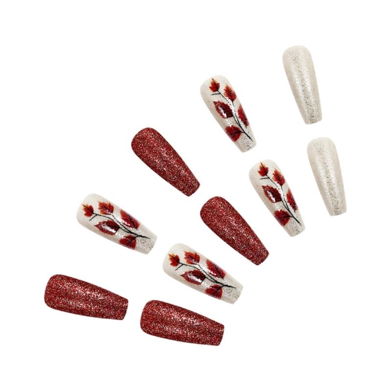 Thanksgiving Maple Leaf Press On Nail False Nail Full Coverage 24pcs Stick On Nail for Fall Fashion Acrylic Nail Set