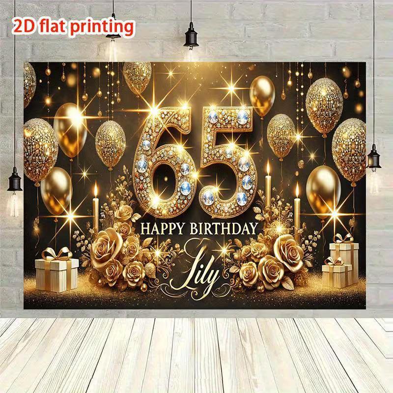 Sfondo 2D Nero Oro per 65° Compleanno, Banner Sfondo Fotografico per Festa 65 Anni con Diamanti