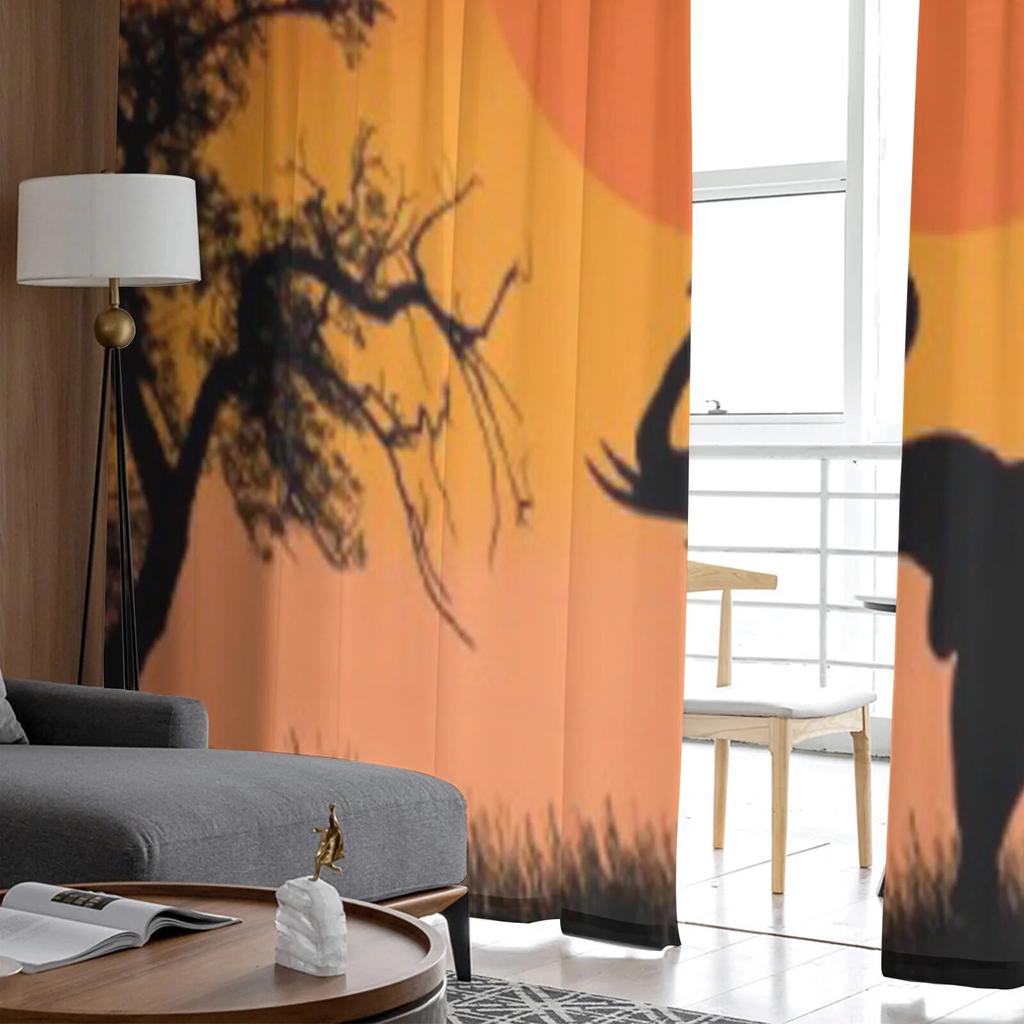 African Safari With Camels And Elephant On Sunset Tulle Sheer Curtains for Living Room Kitchen Decoration Voile Organza Curtains