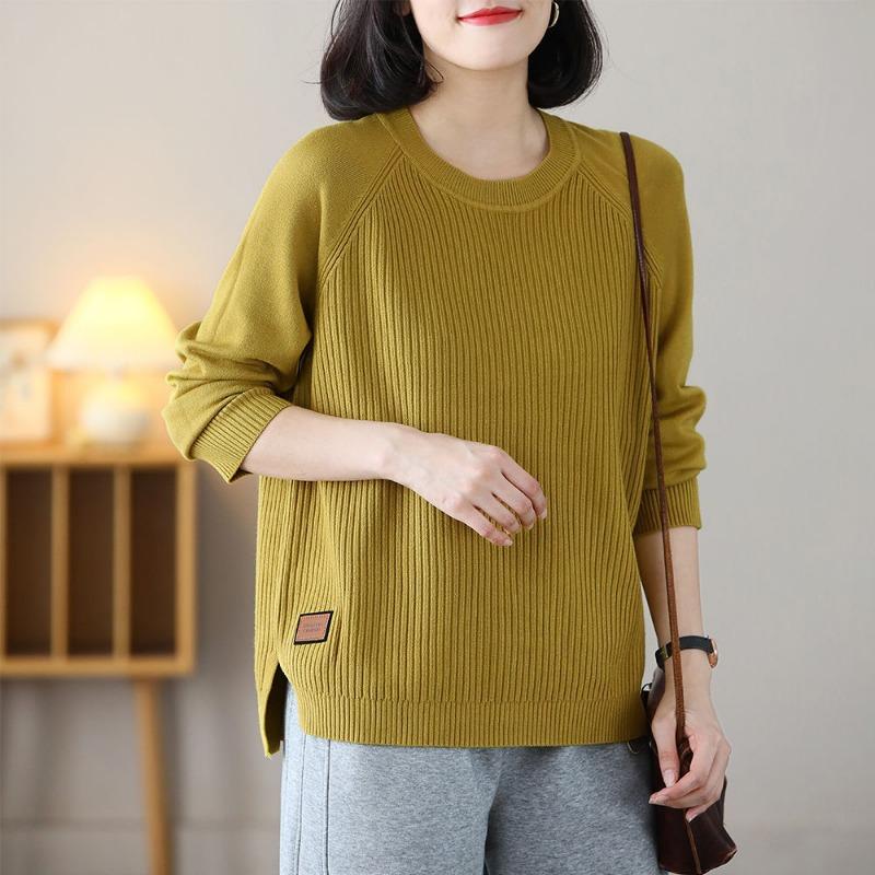 Artistic Round Neck Pullover Sweater for Women's Autumn Winter Knitted Top Loose Base Sweaters Simple