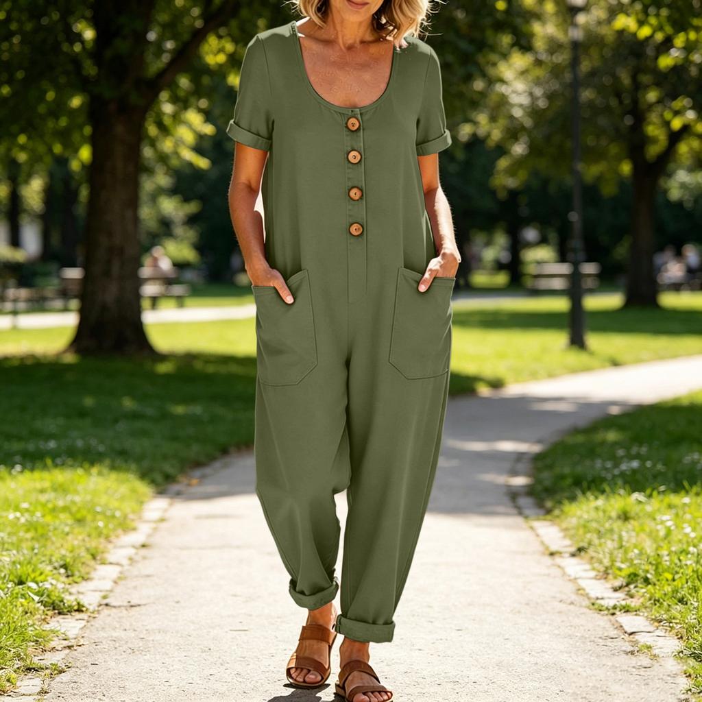 Women's Color Casual Short Sleeved Loose Pocket Overalls Long Jumpsuit