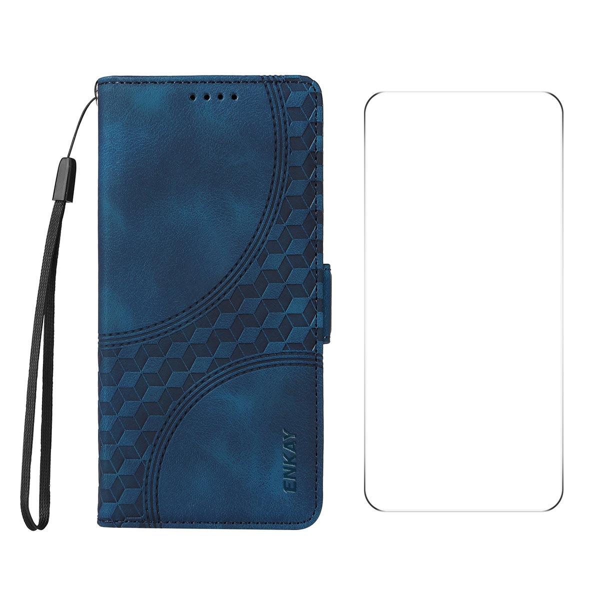 

For Samsung Galaxy A56 5G/Galaxy A36 5G Wallet Case ENKAY Imprint PU Leather Phone Stand Cover with Tempered Glass Blue