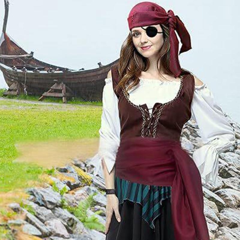 Pirate Costume Accessories Set Pirate Head Scarf,Sash Bracelet Eye Patches Halloween Medieval Renaissances Costumes