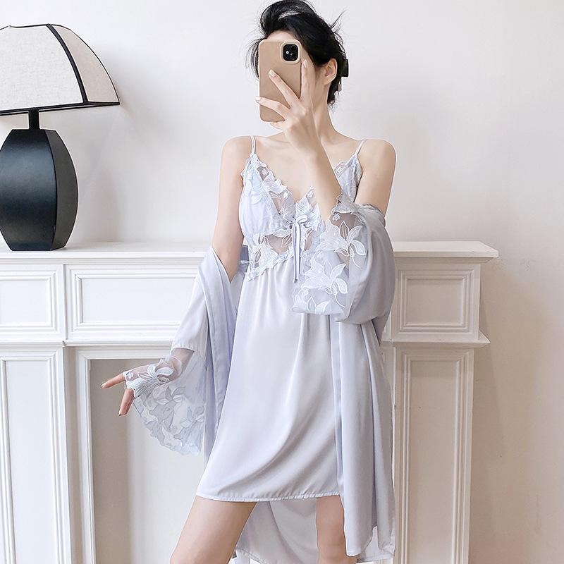 Sexy pajamas with chest pads, women's spring and autumn ice silk long-sleeved suspender nightgown set, pure lace hollowed-out loungewear