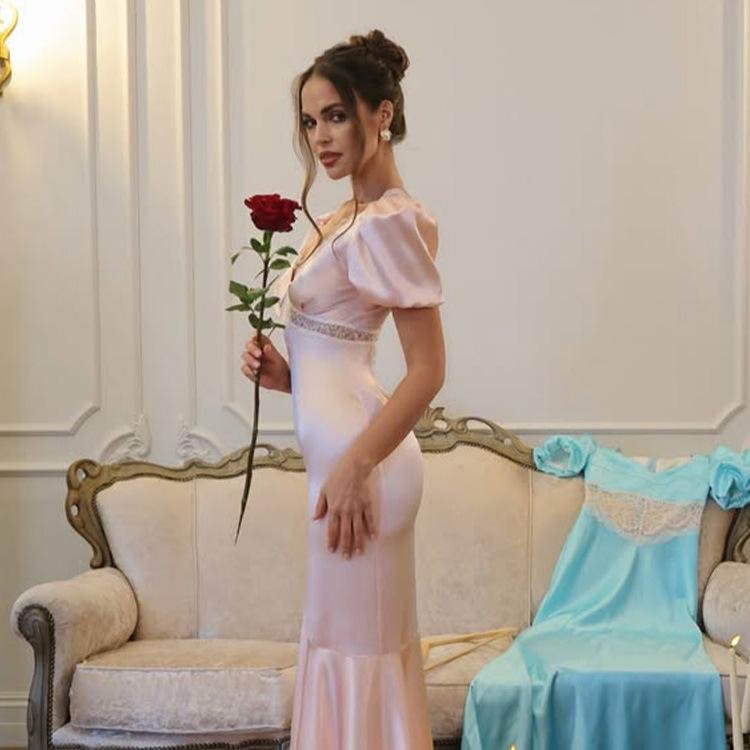 French court style, slim fit, showing figure temperament, V-neck lace splicing hip-wrapped fishtail skirt, celebrity high-end satin skirt