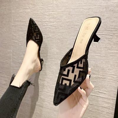 Fashion Women Mesh High Heels Temperament Sandals Female Summer Pointed Toe Party Thin Heeled Slippers Ladies Brand Design Slip On Shoes