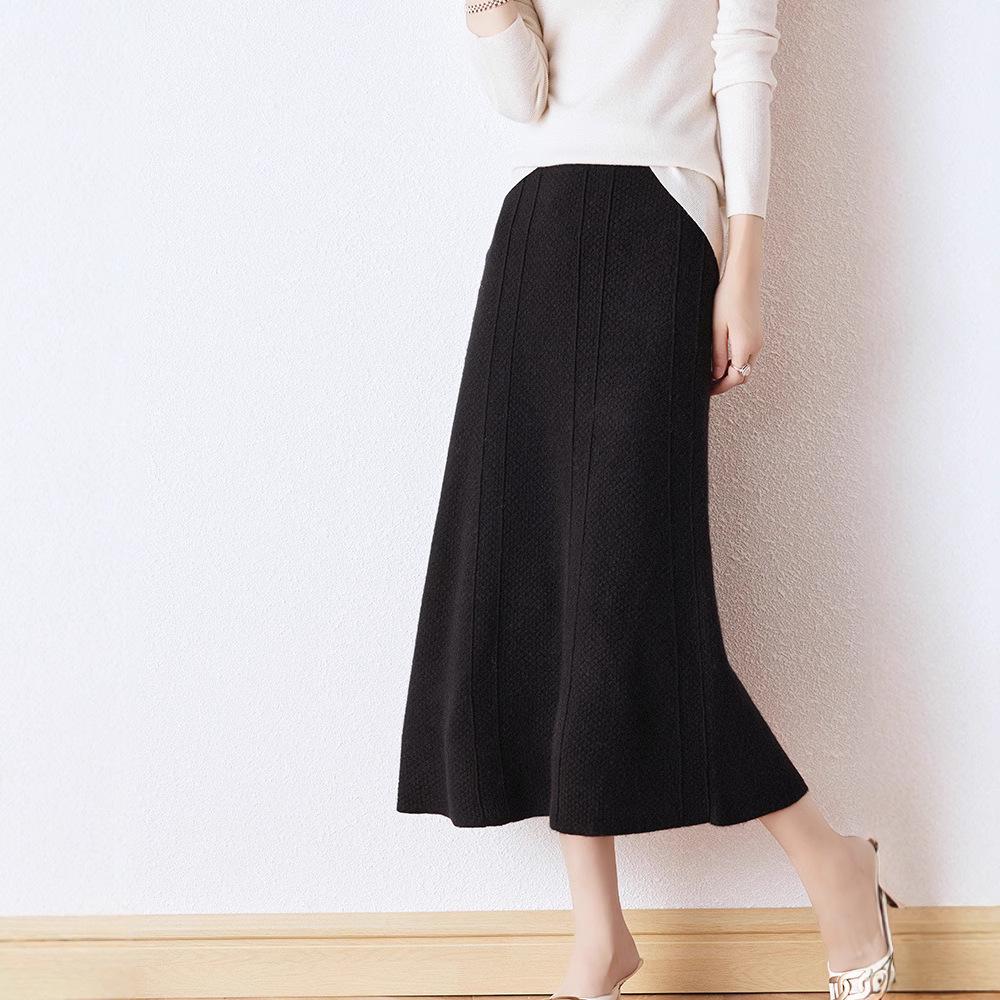 Women's Wool A-Line Midi Skirt - Elastic High Waist, Flared, Slimming, Knitted for Autumn/Winter
