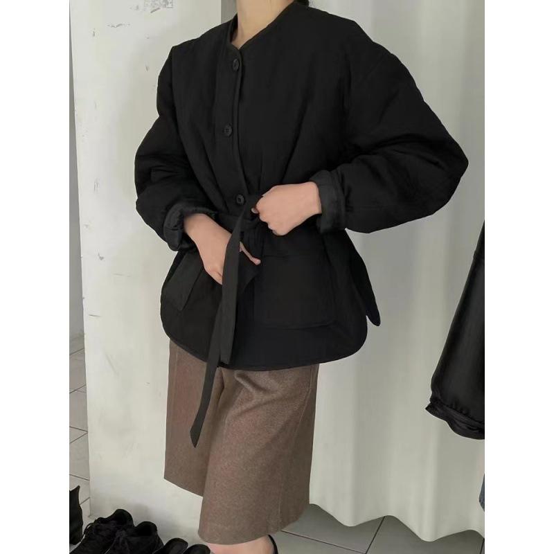 Button Down Parkas for Women Fall Winter  New Fashion Long Sleeve Lace Up Jacket Casual Pockets O Neck Chic Coats