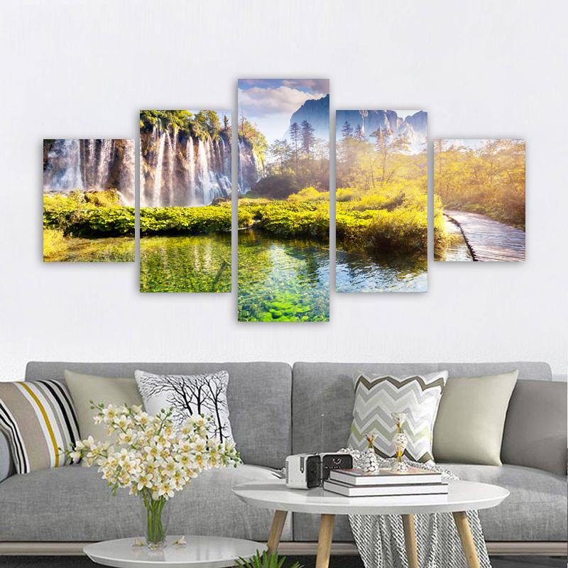 5 Panels Landscape Waterfall Posters and Prints Canvas Painting Wall Art Pictures Living Room Home Decor Lake Tree No Frame