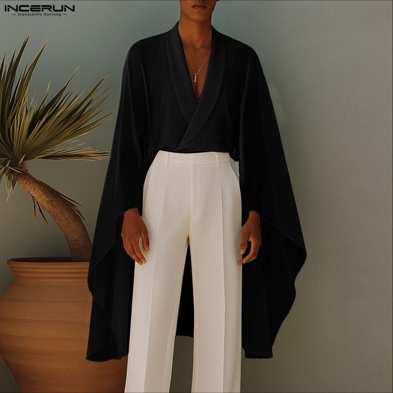 INCERUN Men V Neck Long Sleeve Mesh Layers Patchwork Casual Loose Cape Shirts