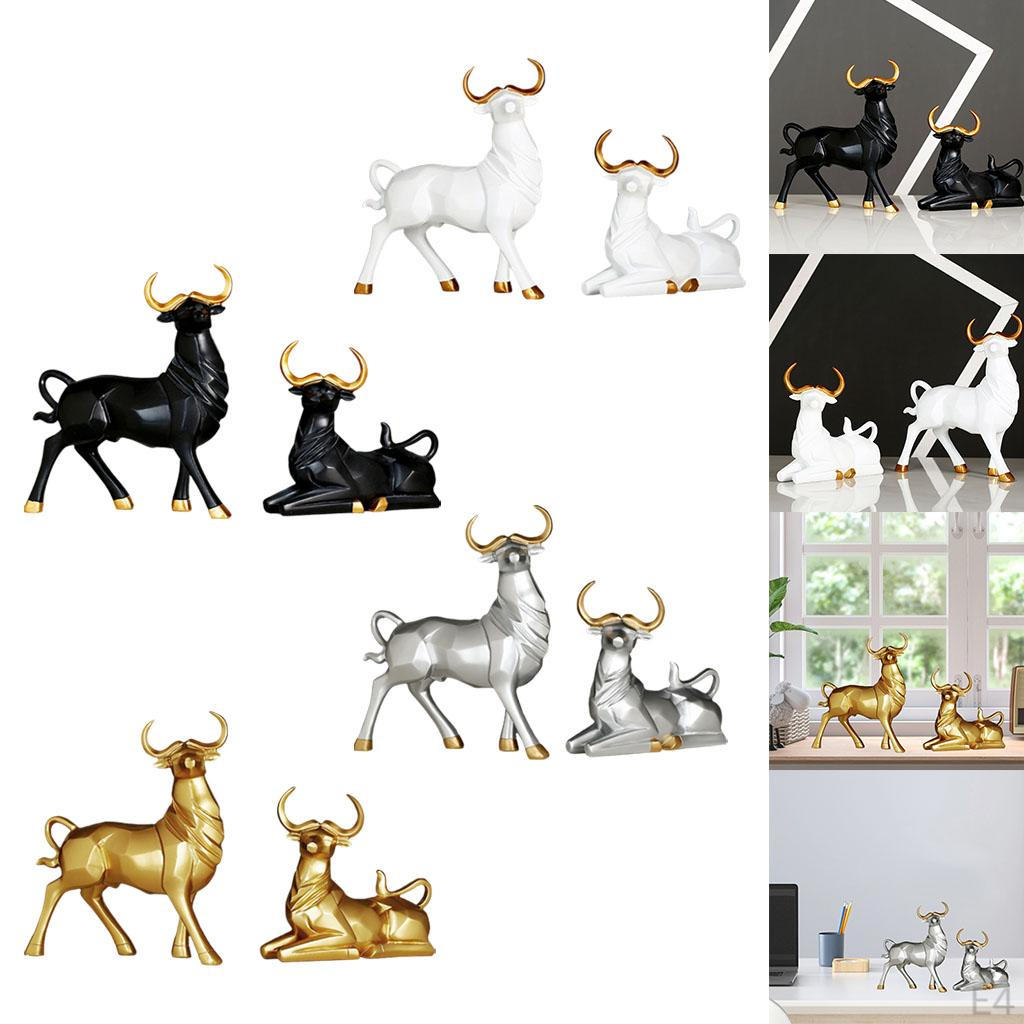 1 Pair Statue Bull Sculpture Figurine Lucky Craftwork for Bookshelf Desk Living Room Christmas Gift