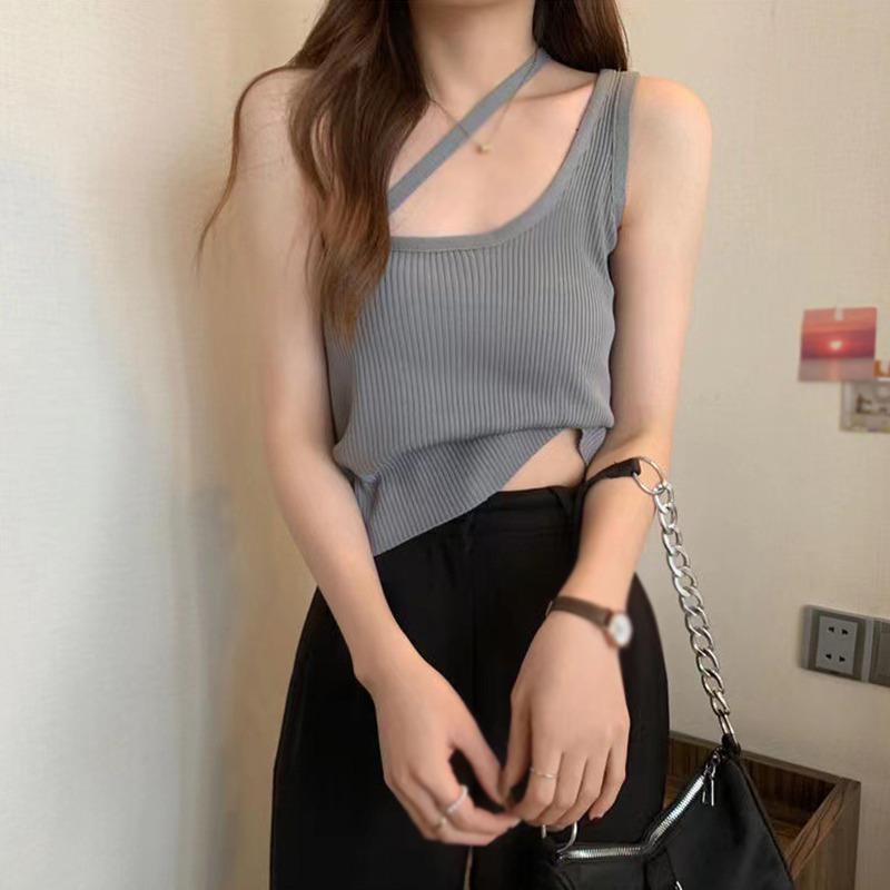 Knitted Irregular Shoulder Tank Tops Straps Solid Color Women's
