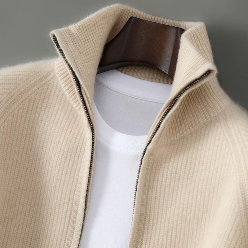 Herren-Cardigan-Pullover aus reiner Wolle mit hohem Kragen und Reißverschluss - Herbst/Winter Dick gestrickt, einfarbig
