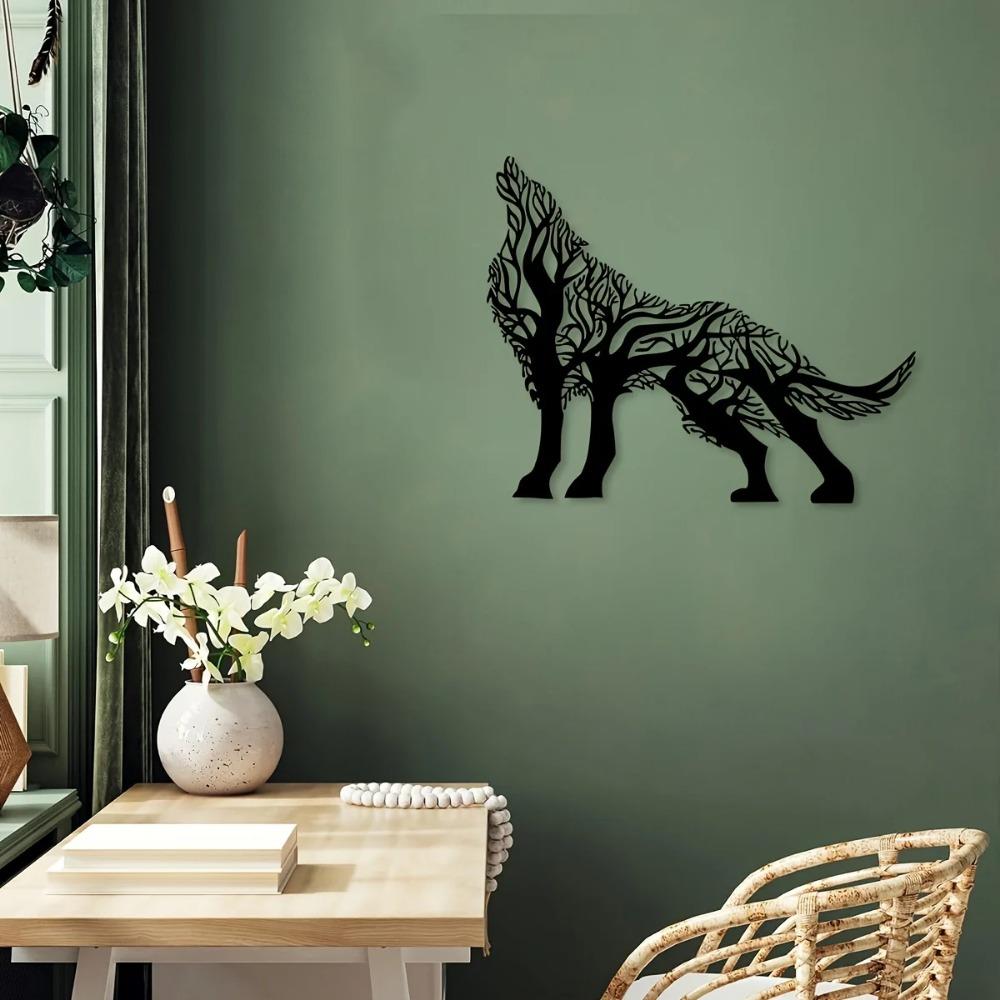 Wanddekoration aus Eisen mit Baumzweig und Wolf, einzigartige Innendekoration, ideal für die Wohnzimmerwand, stilvoll und elegant