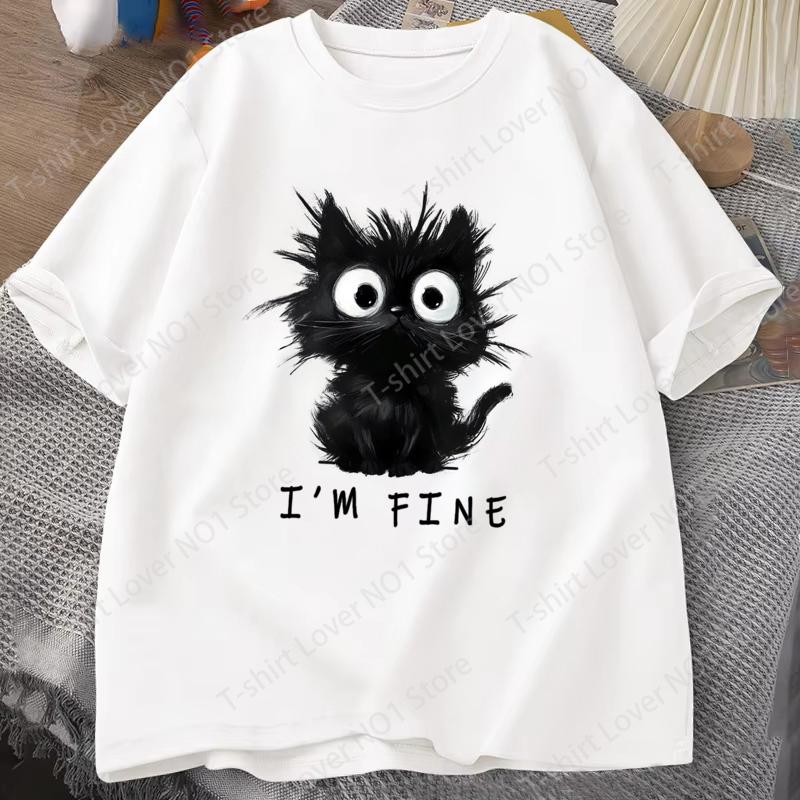 New Womens Cute Cat Pattern Graphic Short Sleeve TShirt Round Neck Casual Tshirt Tops Cool Im Fine Printed Female Tees Tops