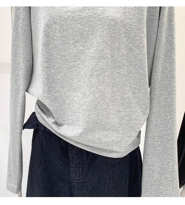 Women's Off-Shoulder Black Cotton Long-Sleeve T-Shirt, 2025 Spring/Autumn/Winter Collection
