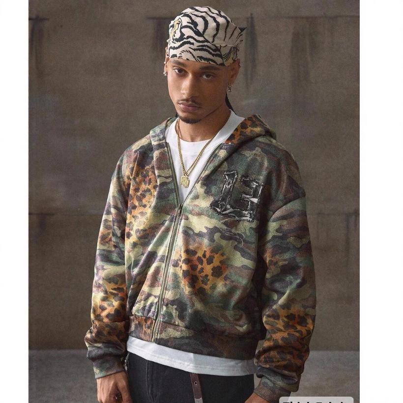 Hot Sale American Retro Camouflage Hooded Sweater, Street Letter 3D Printed Loose Zipper Sweater Top