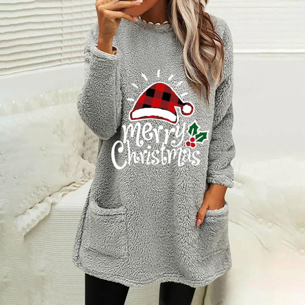 Autumn Winter Loose-Fit Christmas Letter Print Plush Hoodie with Pocket