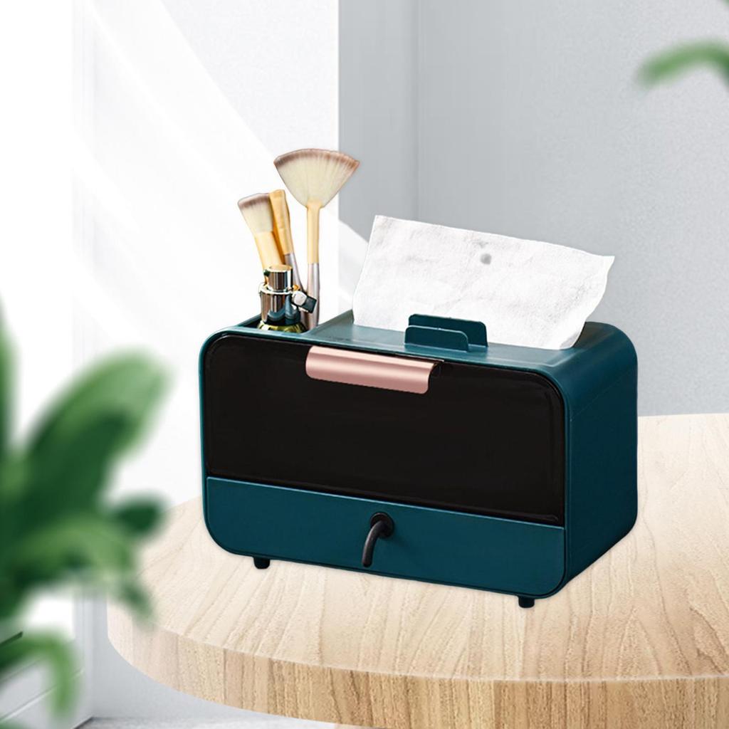 Tissue Box Cover Storage Organizer with Drawer Divider, Pen Glasses Makeup Organizer, Phone Stand
